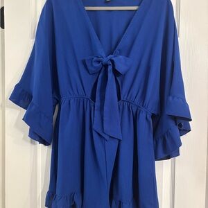 SHEIN Blue V-neck Flutter Sleeve Jumpsuit with Ruffled Hem